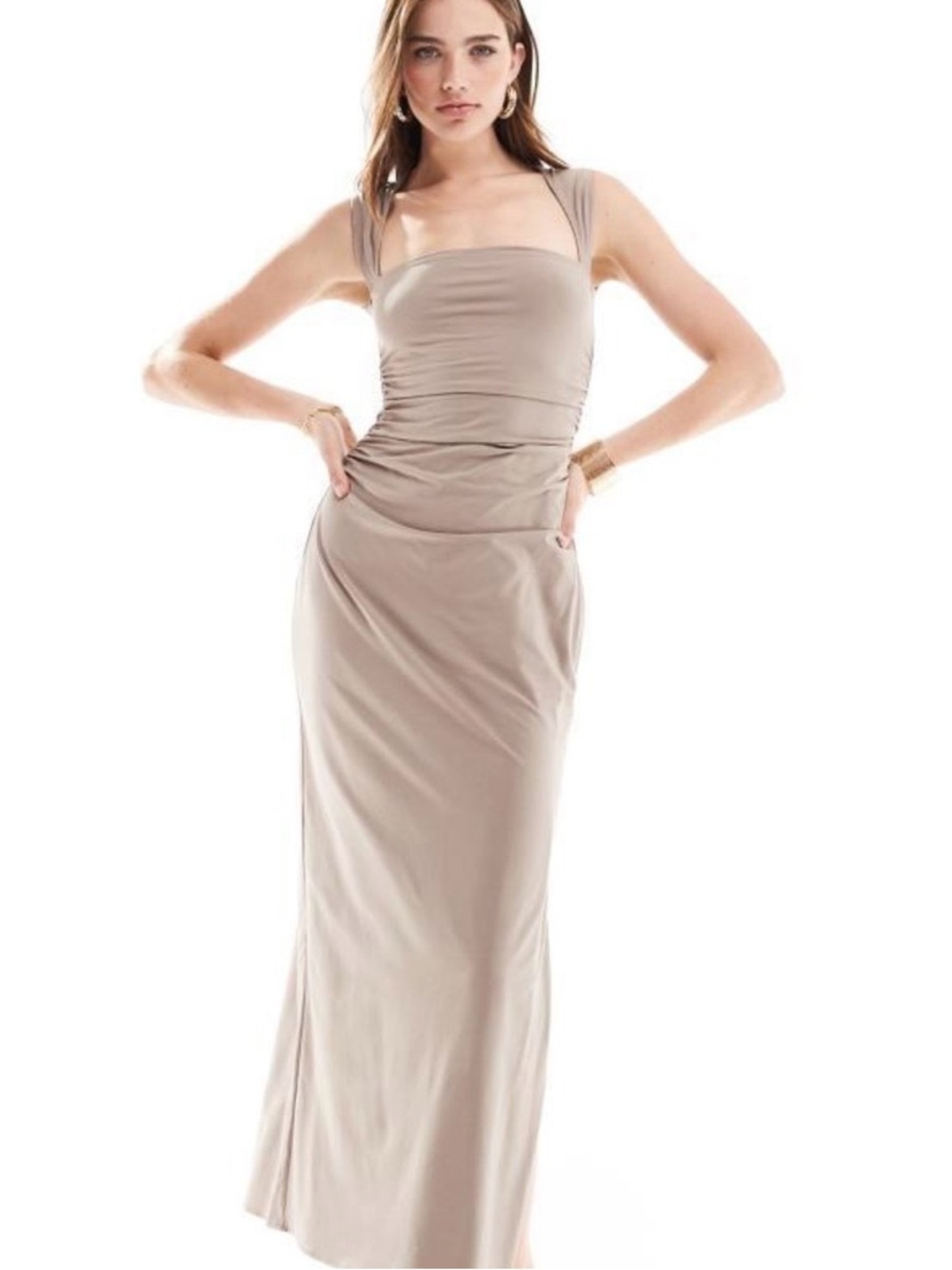 Abercrombie & Fitch Sleeveless Ruched Maxi Dress in Taupe size M
